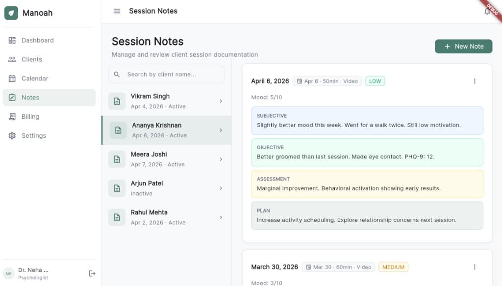 SOAP Session Notes in the Manoah app